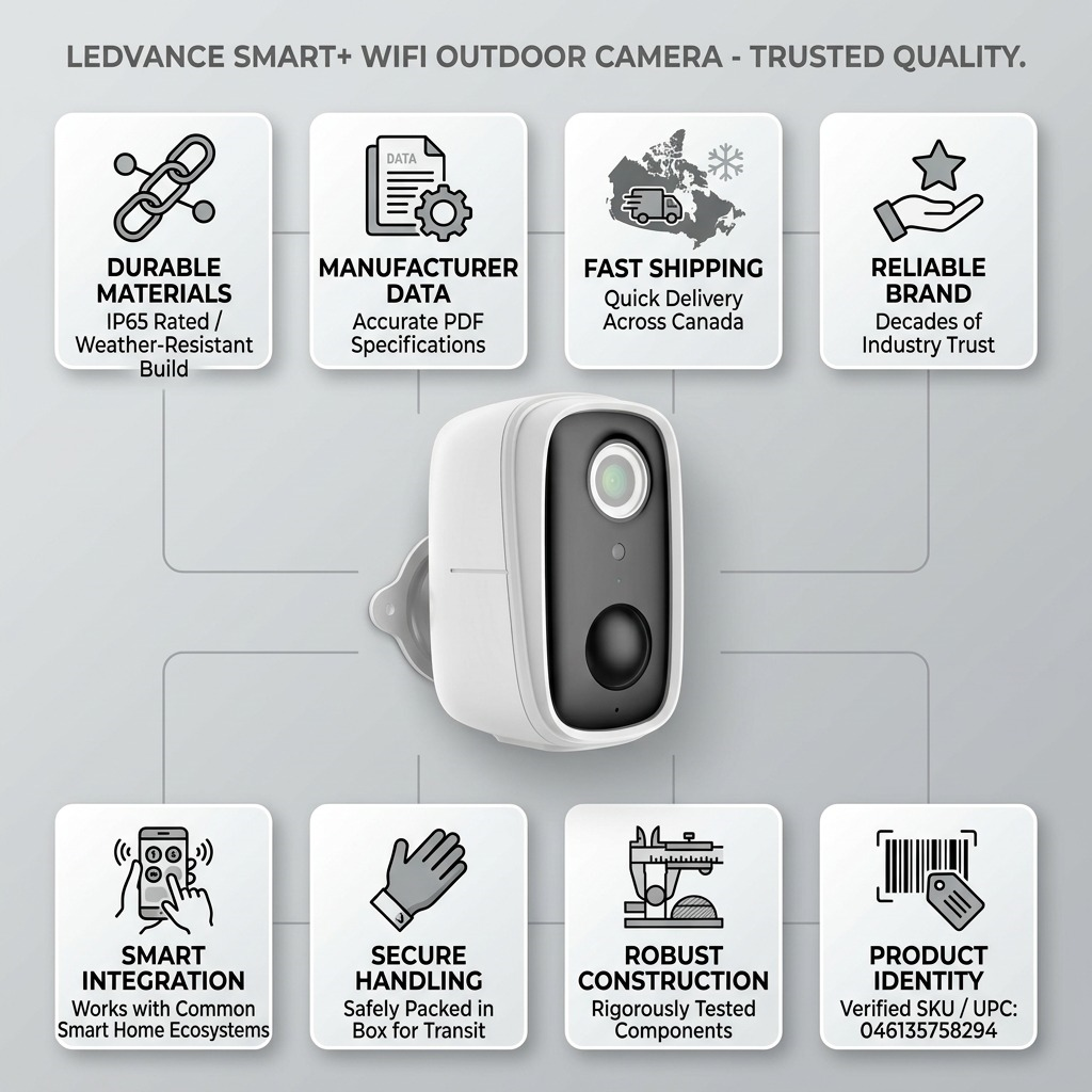 Trust matrix visual for LEDVANCE camera listing build quality, features, and fast cross-Canada shipping.