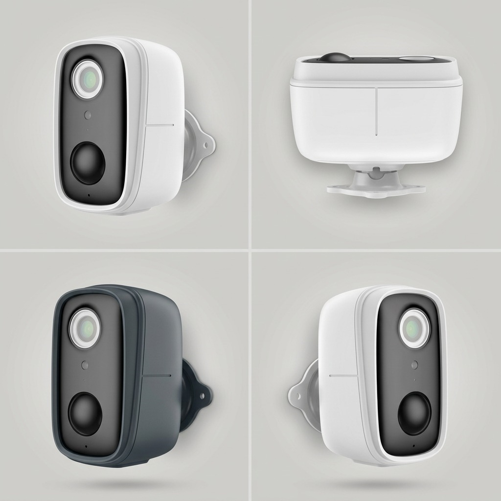 An e-commerce variant matrix displaying two LEDVANCE SMART+ WiFi Outdoor Battery Cameras, one white and one dark gray, from two different viewing angles.