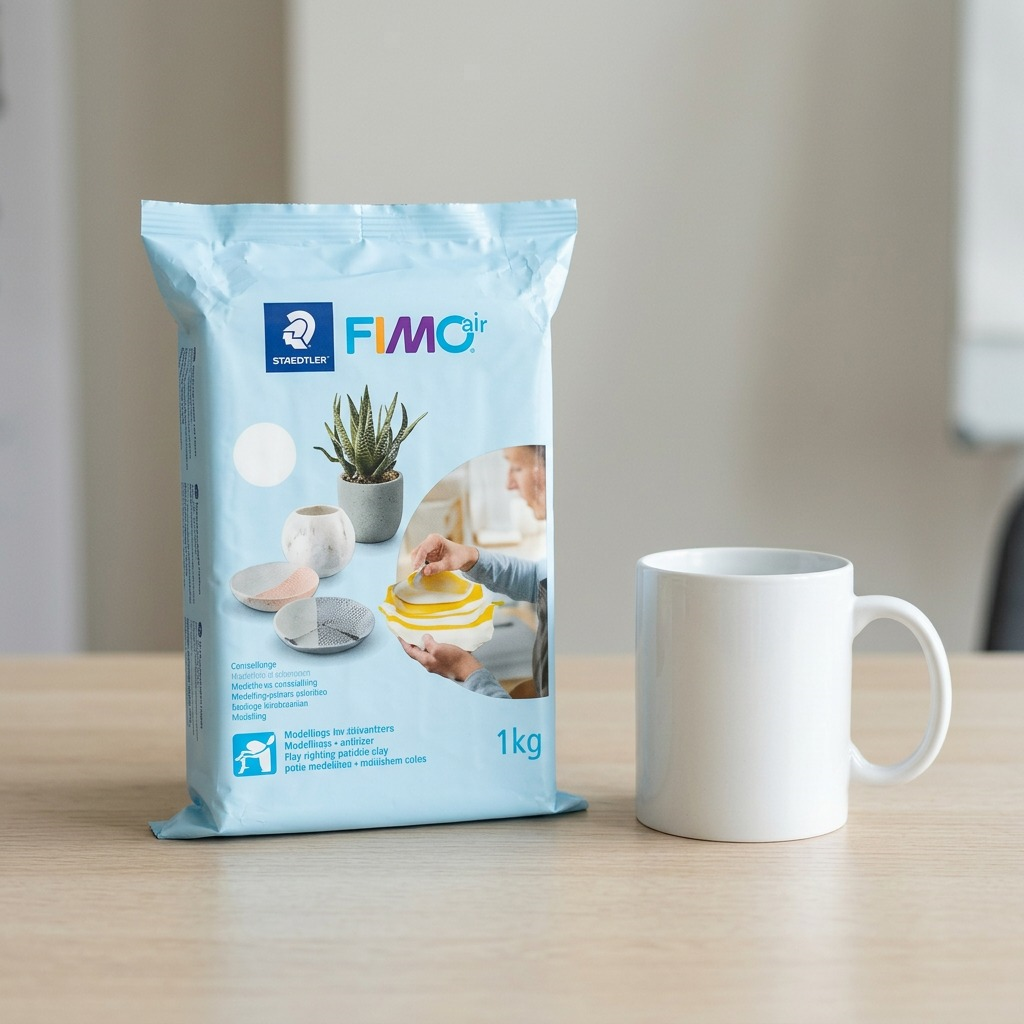 A 1kg pack of white Fimoair modeling clay rests on a light wood desk next to an standard, dark grey coffee mug, illustrating relative scale.