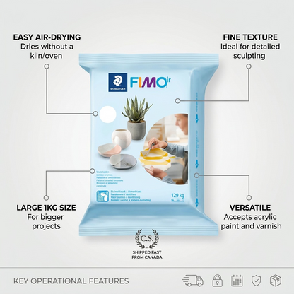 A product infographic showcasing key features of STAEDTLER Fimoair 1kg white air-dry clay.