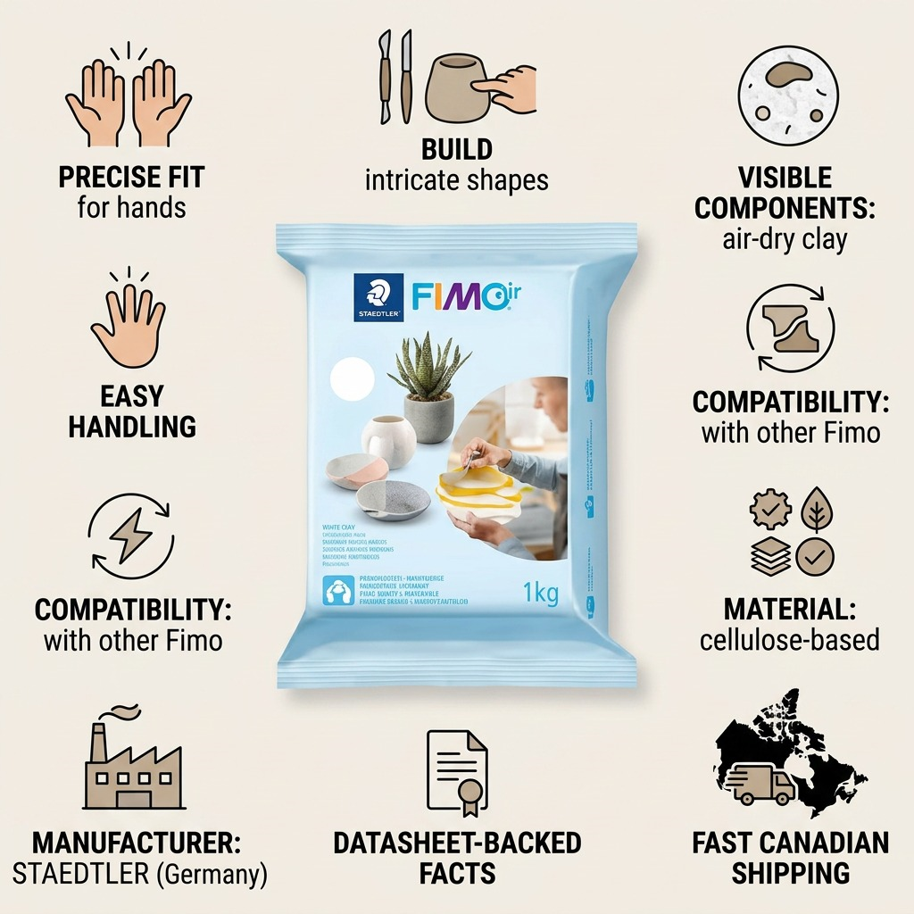 Fimoair 1kg white clay package central with surrounding icons for handling, materials, shipping.