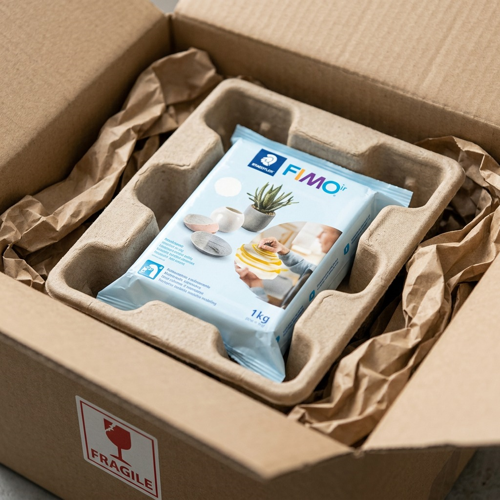 A premium close-up photo shows one 1k Staedtler Fimoair pack securely nested in custom protective brown protective paper padding within a shipping box, ensuring safety. This scene illustrates safe delivery of the product for ecommerce.