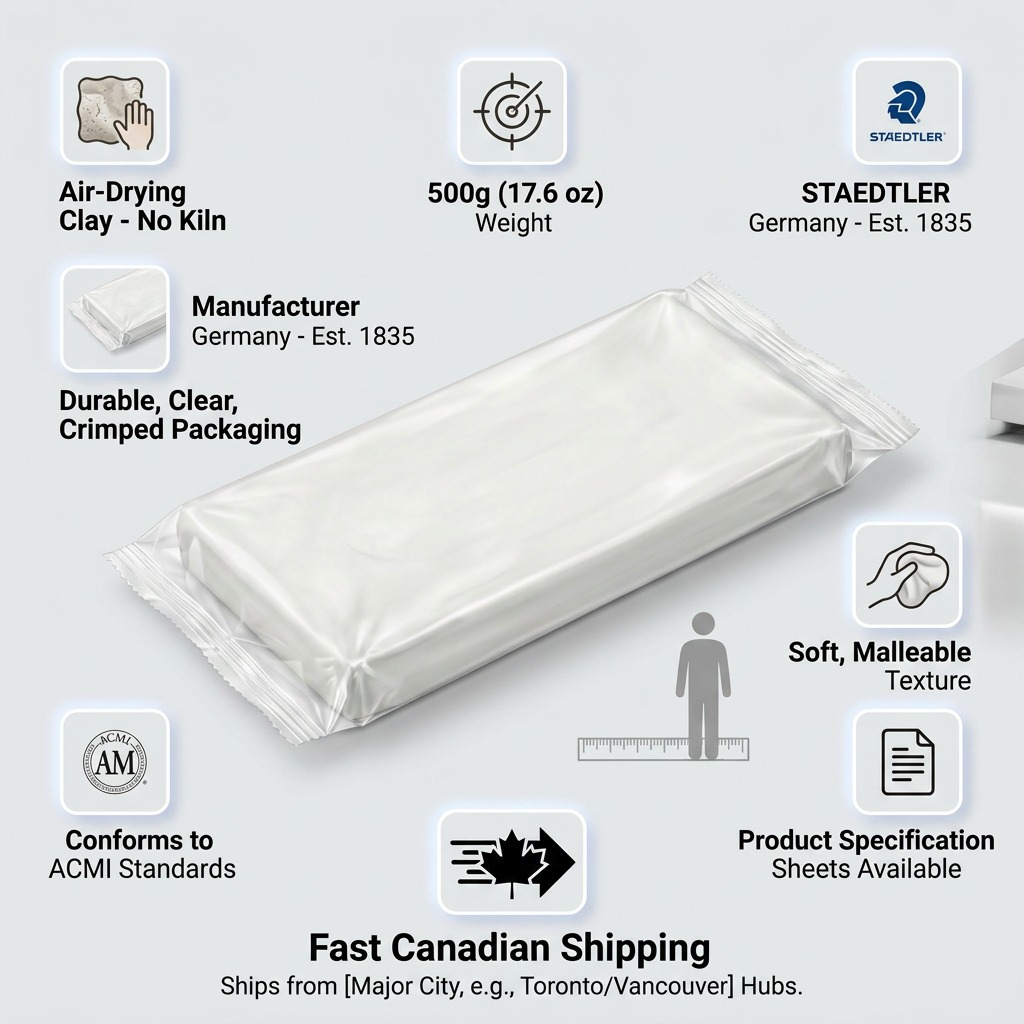 Infographic of STAEDTLER Fimoair clay with descriptive icons and text highlighting product features and fast Canadian shipping.