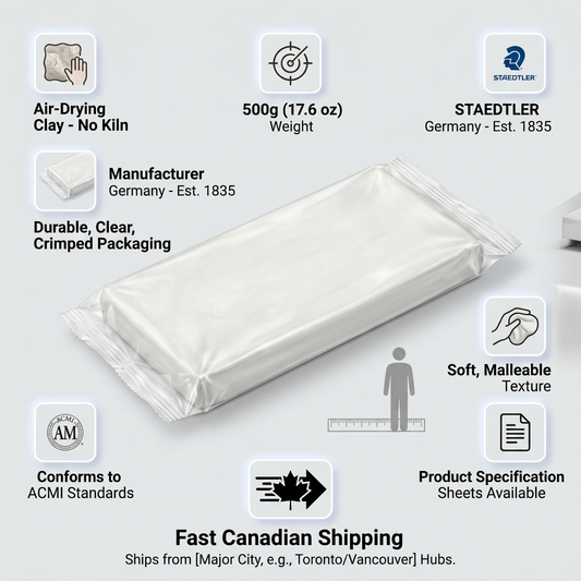 Infographic of STAEDTLER Fimoair clay with descriptive icons and text highlighting product features and fast Canadian shipping.