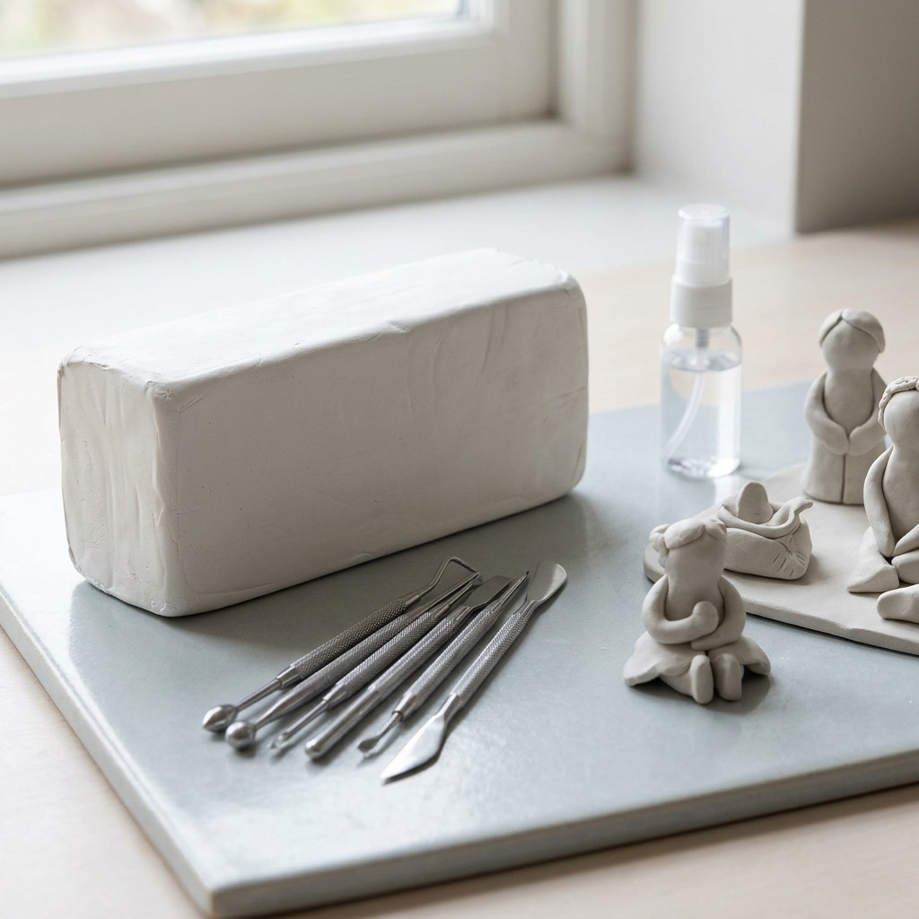 A rustic ceramic work surface holds a smooth block of white Fimoair modelling clay next to metal tools and small sculptures.
