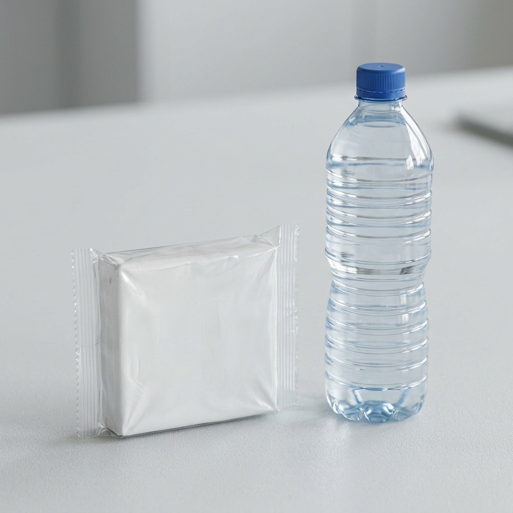 A photo showing the STAEDTLER Fimoair 500g clay, in its clear wrap, beside a standard-sized water bottle.