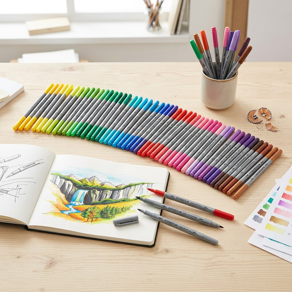 A lifestyle photo showing the 120 STAEDTLER double-ended fibre-tip pens scattered naturally on a light wood desk, with a creative artwork nearby.
