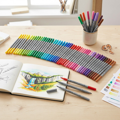 A lifestyle photo showing the 120 STAEDTLER double-ended fibre-tip pens scattered naturally on a light wood desk, with a creative artwork nearby.
