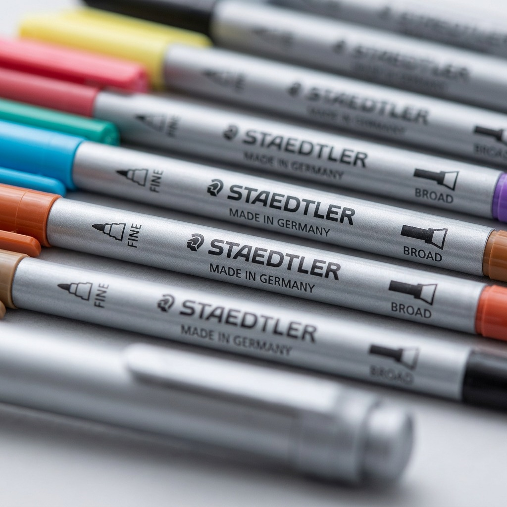 An extreme macro photograph showcasing the precise printed labels and metal components of two pens.