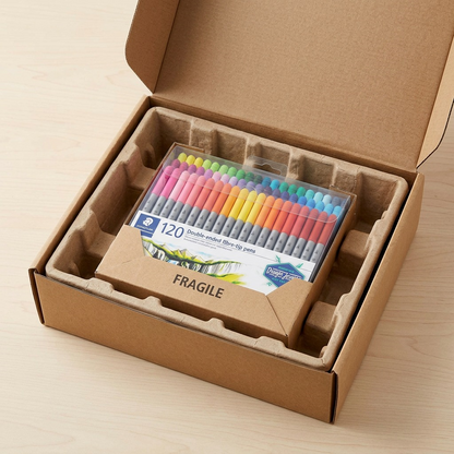 A picture shows the STAEDTLER double-ended fibre-tip pens in their original plastic case, nestled in a branded corrugated shipping box with secure kraft paper, ready for use.