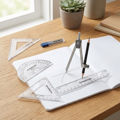 An open STAEDTLER geometry set (550-60S9-202) on a clean wooden desk, with a pencil and open notebook.
