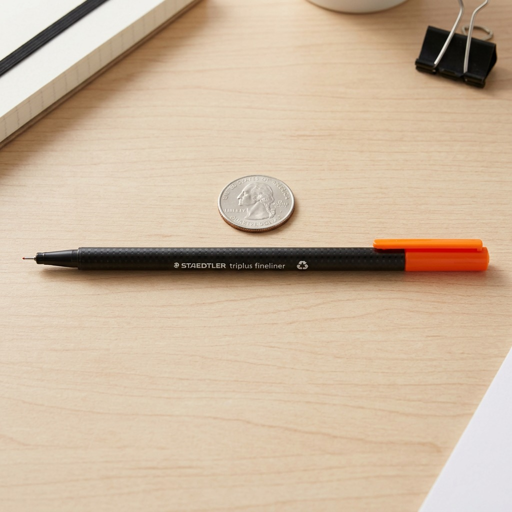 Scale reference photo for the STAEDTLER triplus fineliner, placed next to a common U.S. quarter on a light wood desk surface. The image highlights the fineliner's length and ergonomic barrel shape.