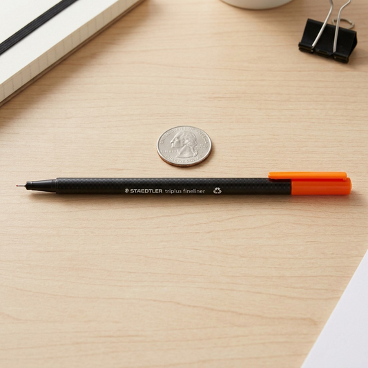 Scale reference photo for the STAEDTLER triplus fineliner, placed next to a common U.S. quarter on a light wood desk surface. The image highlights the fineliner's length and ergonomic barrel shape.