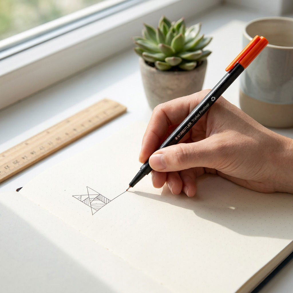 A photo of the black Staedtler Triplus fineliner pen with an orange cap lying on a bullet journal page with an abstract orange doodle.