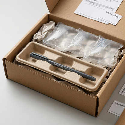 Unboxing: protected STAEDTLER triplus fineliner (grey, red tip) in secure, custom-molded pulp packaging.