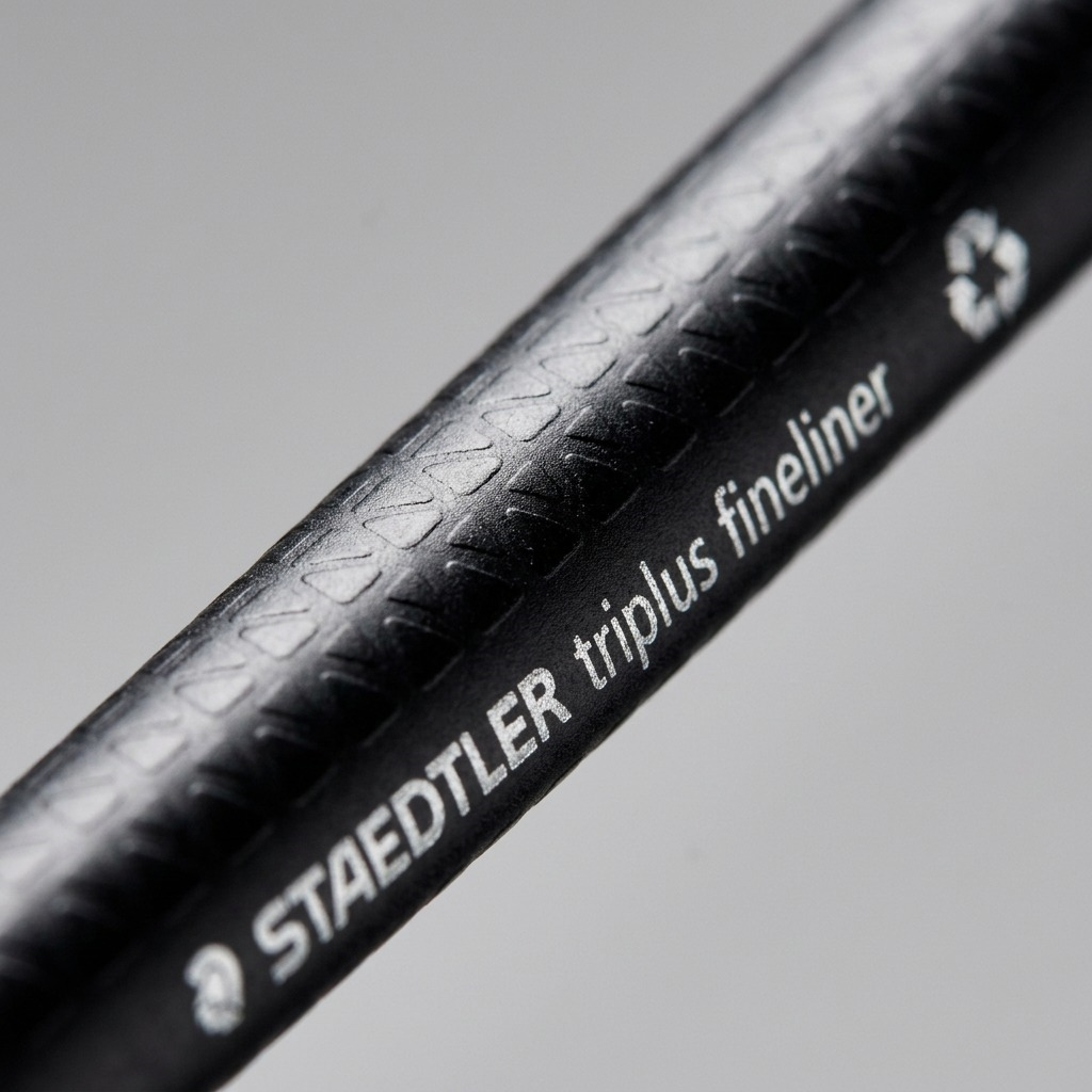 An extreme close-up photograph of the STAEDTLER triplus fineliner texture and text.