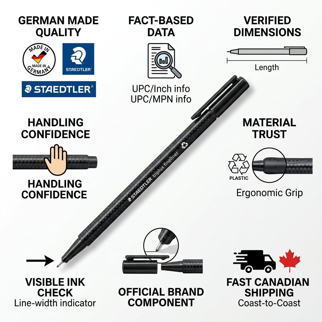 An infographic showing a Staedtler triplus fineliner pen with various quality and data points, including German manufacturing, accurate dimensions, ergonomic materials, and fast Canadian shipping.