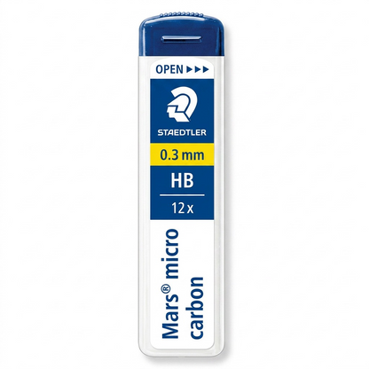 A high-resolution product shot of a single STAEDTLER Mars micro 0.3 HB 12x pencil lead container. The slender, white rectangular case has a blue cap, featuring a 'STAEDTLER' Mars head logo and text, '0.3 mm HB' in a yellow bar, '12x' and 'Mars micro carbon' text. Set vertically against a clean white background.