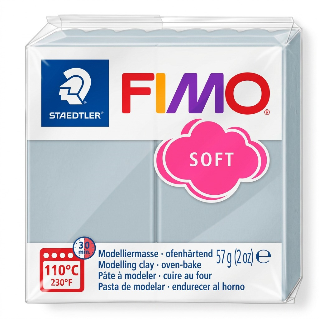 Pure hero shot of a 57g bar of STAEDTLER Fimo Soft modelling clay, Dolphin Grey color.