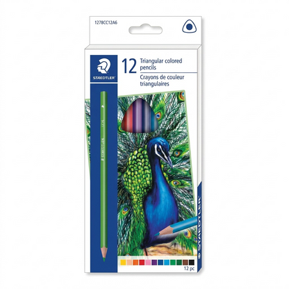 A high-resolution, centered view of the STAEDTLER triangular colored pencils in their specific hanging cardboard packaging against a pure white background.