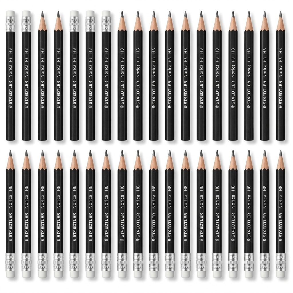 A high-resolution product shot of 24 black STAEDTLER Norica HB wood-cased pencils with erasers.
