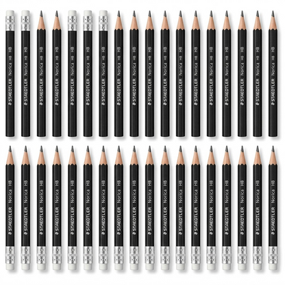 A high-resolution product shot of 24 black STAEDTLER Norica HB wood-cased pencils with erasers.