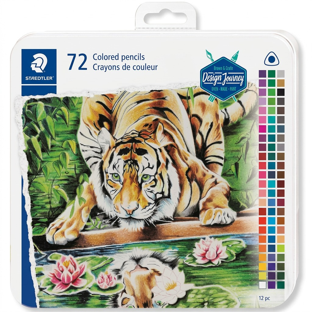 A high-resolution, centered view of the STAEDTLER Design Journey 72 Col Pencil Tri tin on a pure white background.