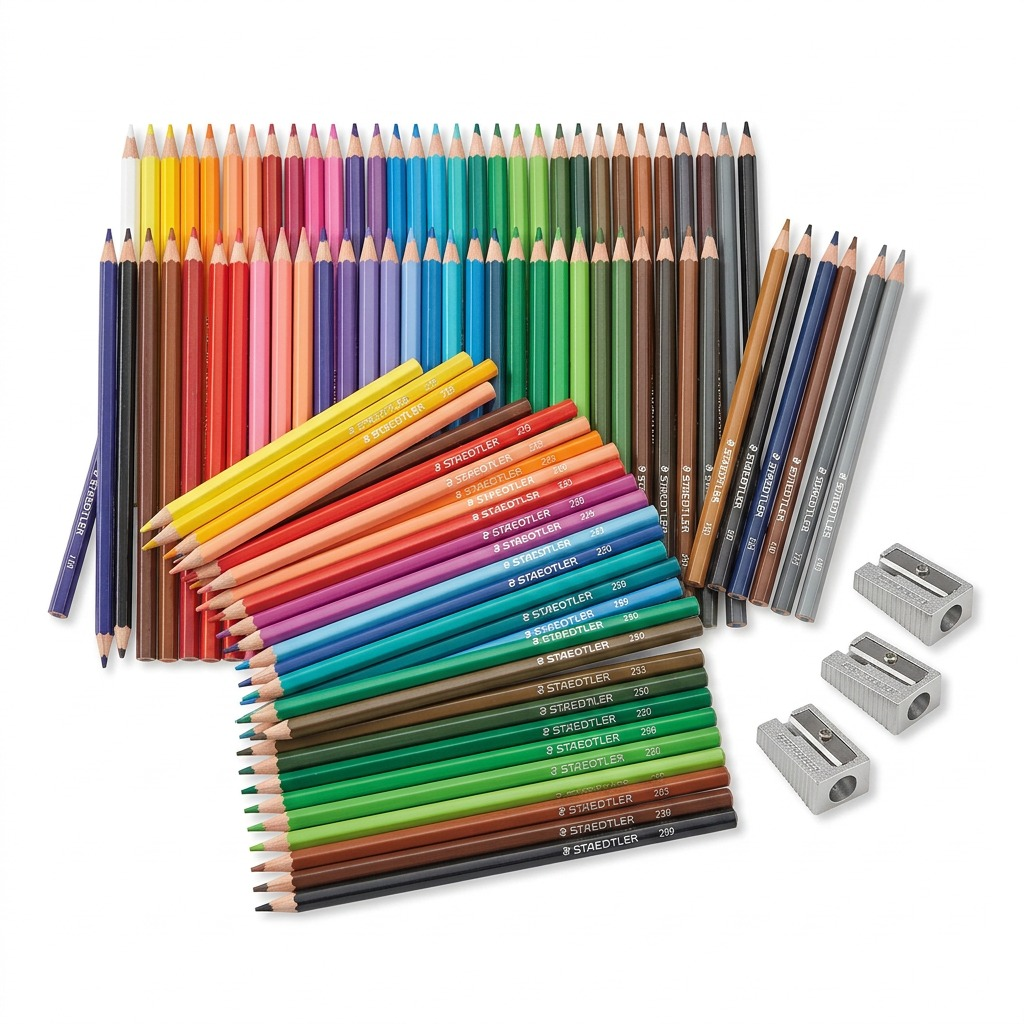 High-resolution hero shot of STAEDTLER 177-C144A6 color pencils and 510 10 sharpeners.