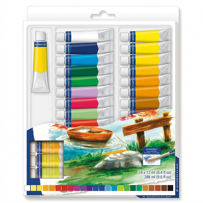 A high-resolution, centered view of the STAEDTLER Watercolour paints set from image_0.png in its clear blister pack.