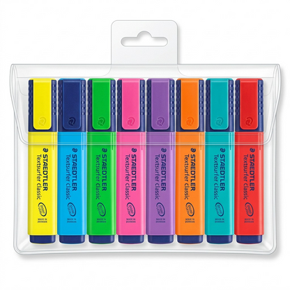 A high-resolution, centered image of a 8pcs wallet of Staedtler Textsurfer highlighters.