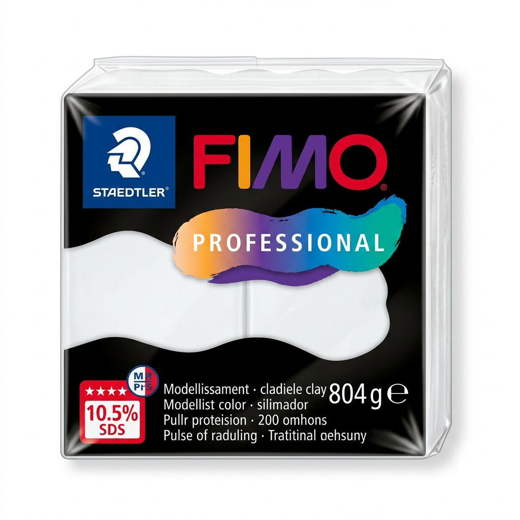 High-resolution hero shot of one 57g (2 oz) block of Fimo Professional White modelling clay.