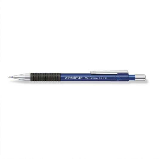 A high-resolution hero shot of the blue STAEDTLER Mars micro 0.7mm mechanical pencil on a white background.