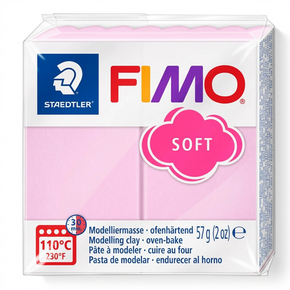 A high-resolution, centered photograph of Staedtler FIMO Soft Light Pink modelling clay (57g), in its clear plastic packaging, on a pure white background.