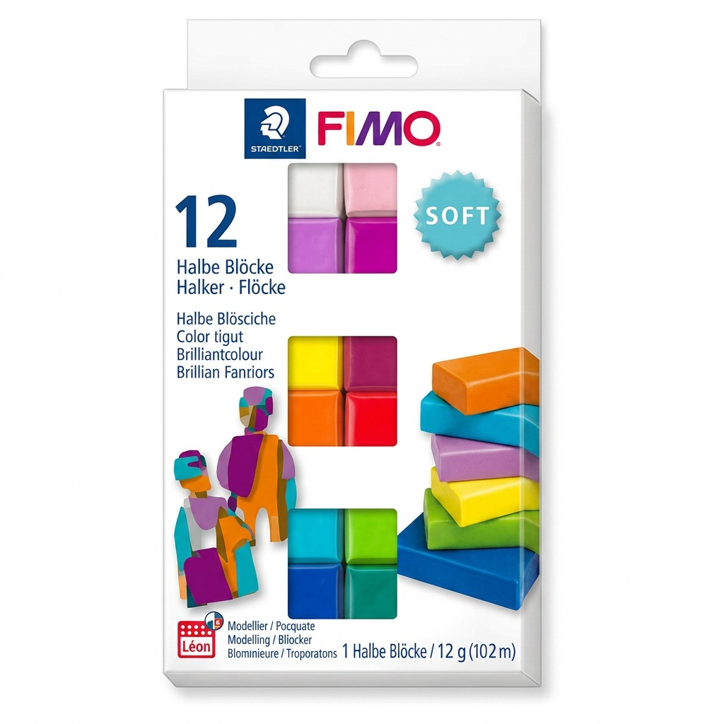 A pack of 12 vibrant Fimo Soft Brilliant Colours modeling clay. Each of the 12 colored blocks is individual and distinct.