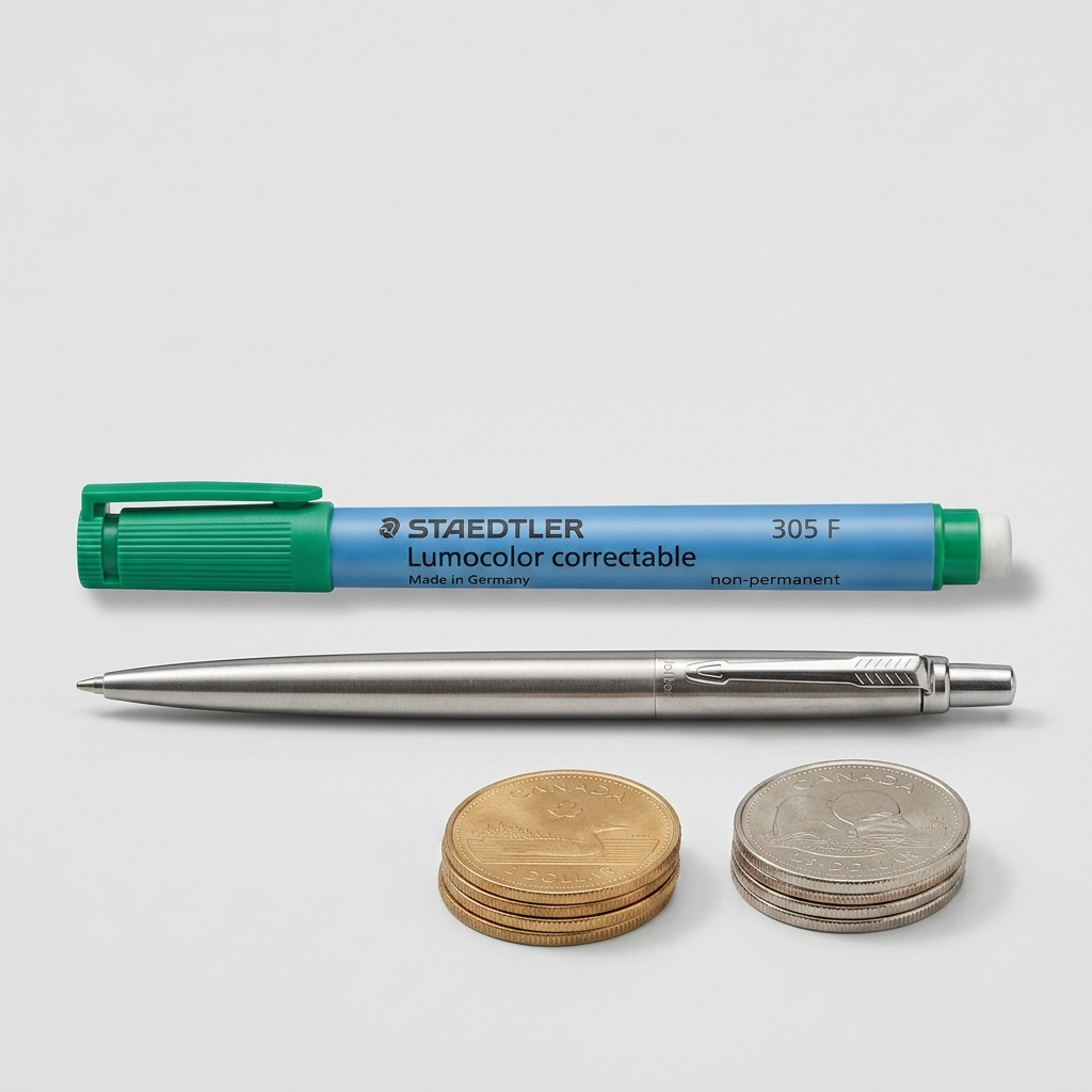 A STAEDTLER Lumocolor correctable marker next to a standard pen and a dollar coin for size reference.