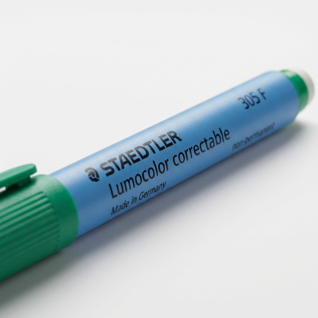 Extreme macro view showcasing the precise fine tip and integrated eraser on the end of the Staedtler marker.