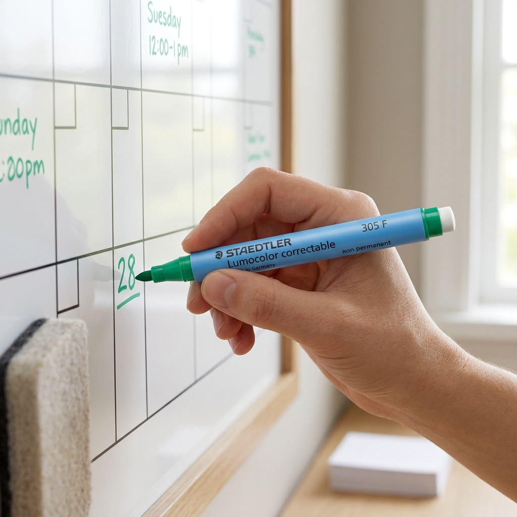 STAEDTLER Lumocolor correctable marker being used to write on a white dry-erase calendar board.