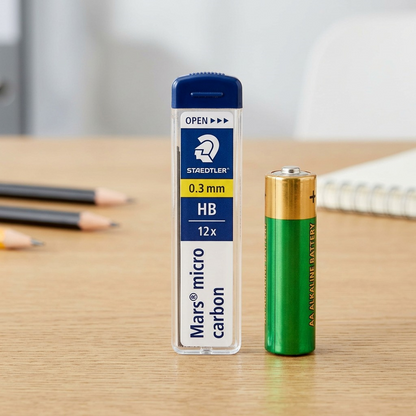 Image 2 shows the Staedtler lead tube standing on a desk next to an AA battery for size reference.