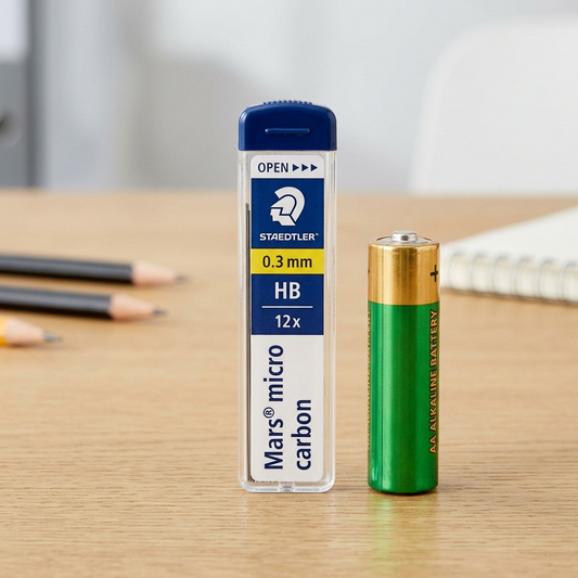 Image 2 shows the Staedtler lead tube standing on a desk next to an AA battery for size reference.