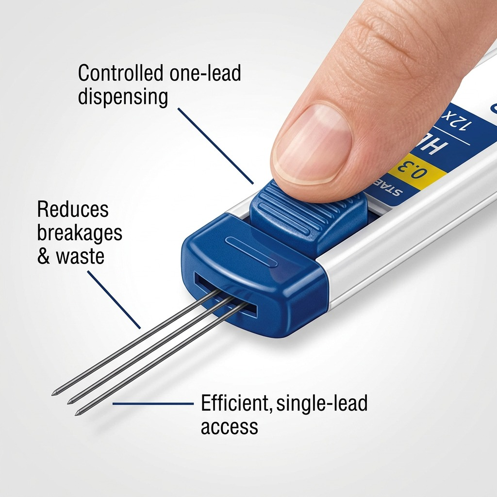 A diagram of the lead refill case showing the push-button and dispense slot. Text: "Single-lead dispensing."