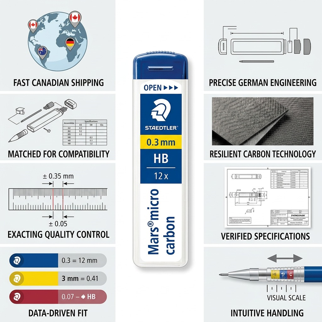 Infographic showing STAEDTLER mechanical lead and its specifications for professional use.