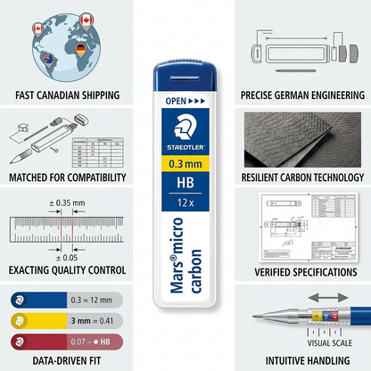 Infographic showing STAEDTLER mechanical lead and its specifications for professional use.