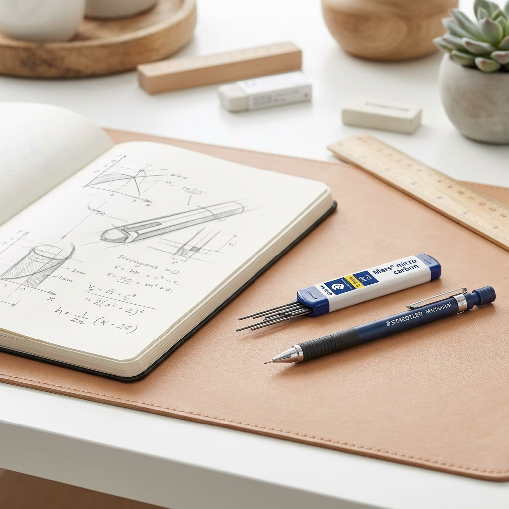 Realistic lifestyle photo: 0.3mm Staedtler leads container on a desk, next to a drawing pencil.