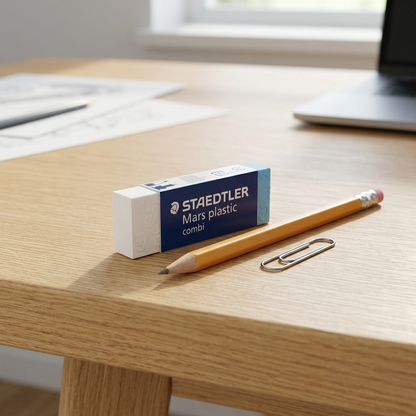 Scale reference photo of the STAEDTLER Mars plastic combi eraser with a standard size pencil on a desk.