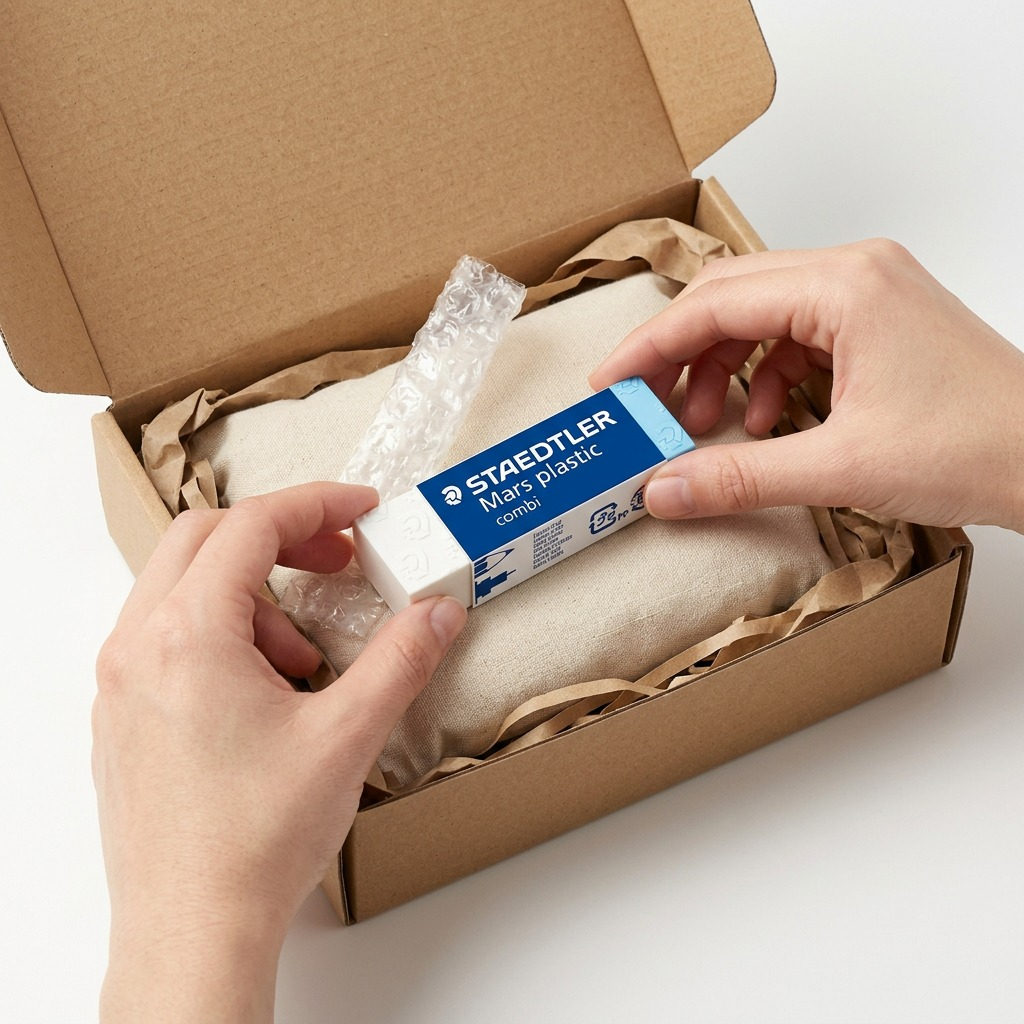 A photo of the Staedtler Mars plastic combi eraser being taken out of bubble wrap in a box.