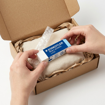 A photo of the Staedtler Mars plastic combi eraser being taken out of bubble wrap in a box.