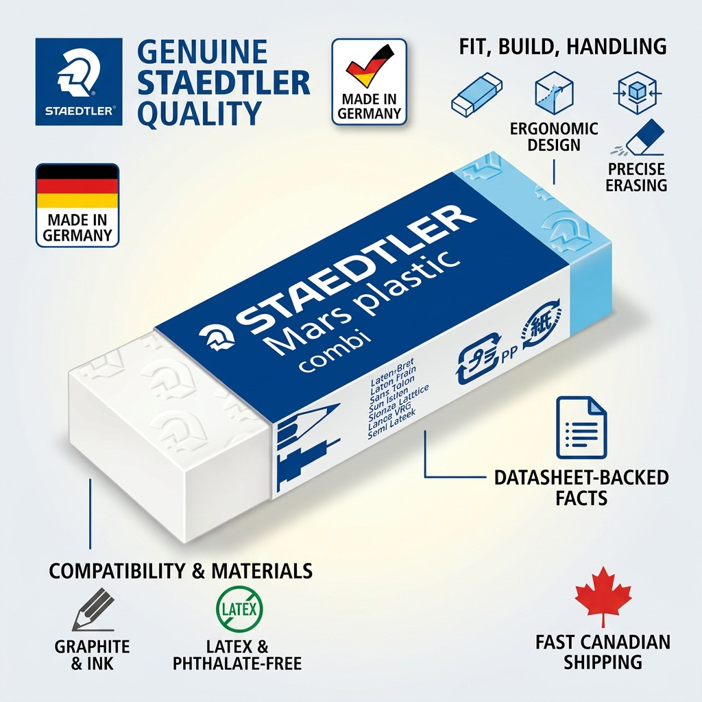 Infographic for STAEDTLER Mars plastic combi eraser highlighting genuine quality, German manufacturing, precise erasing, material safety, and fast Canadian shipping.
