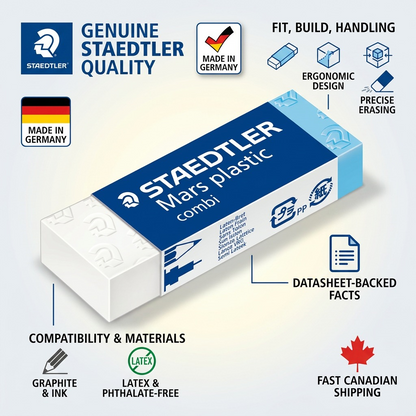 Infographic for STAEDTLER Mars plastic combi eraser highlighting genuine quality, German manufacturing, precise erasing, material safety, and fast Canadian shipping.