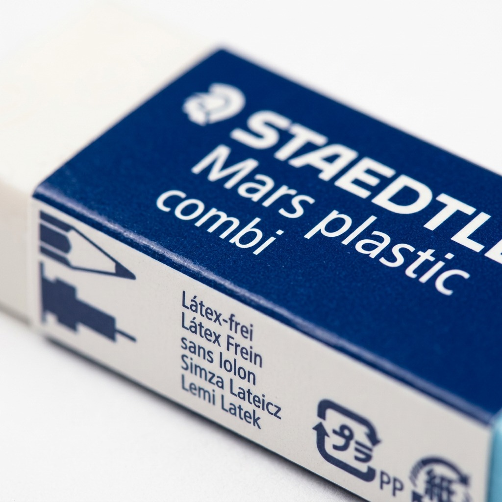 Macro photograph focusing on the fine print quality and rich blue color of the STAEDTLER Mars plastic combi eraser's sleeve.