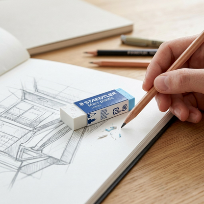 A lifestyle photo showing a Staedtler Mars plastic combi eraser on a wooden desk next to a sketch.